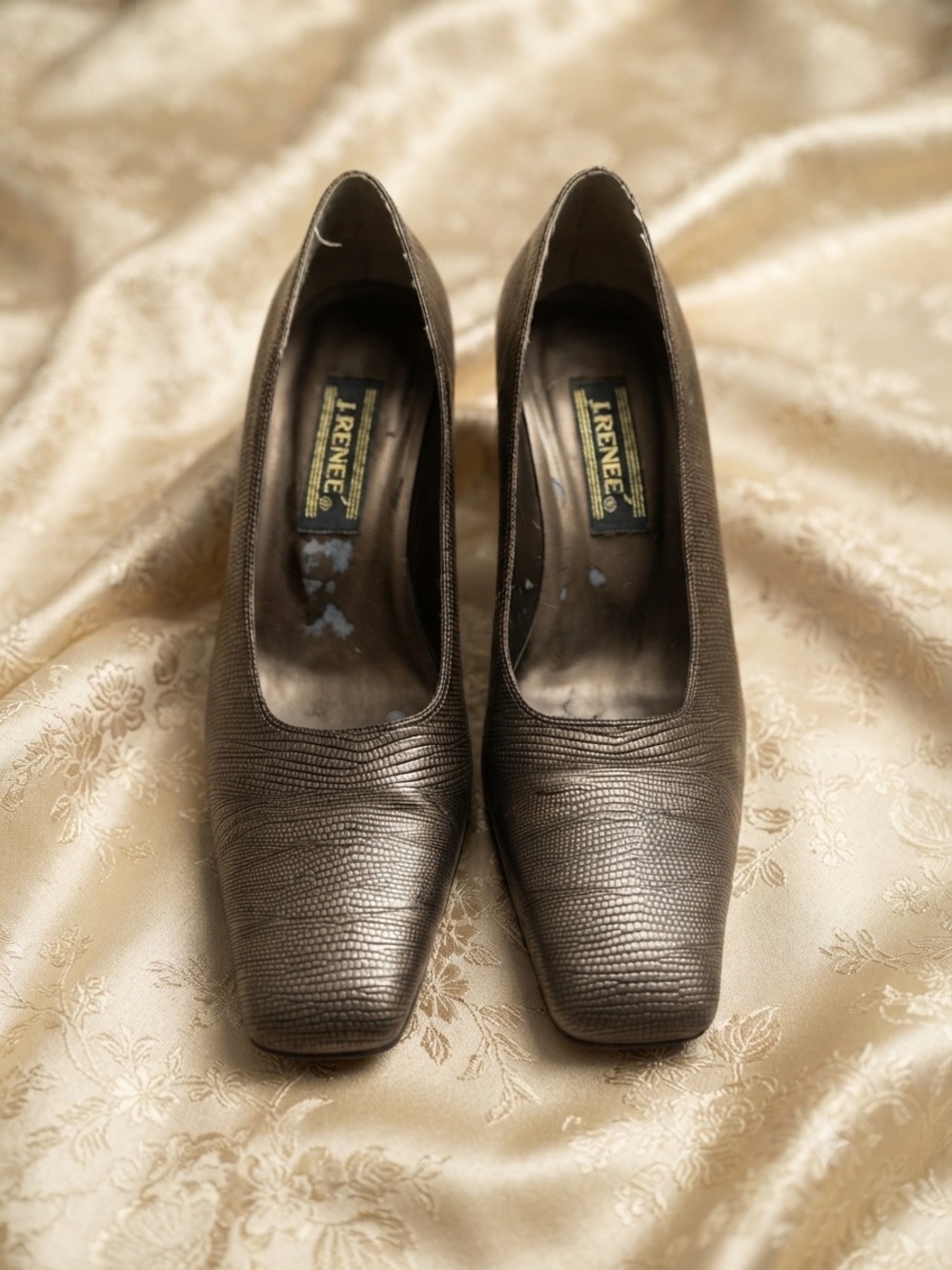 J. Renee Bronze Metallic Textured Block Heel Pumps